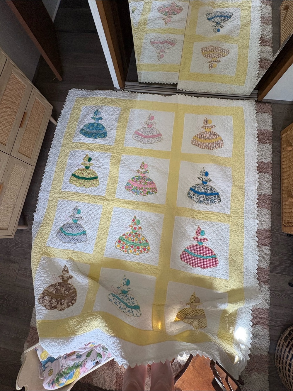 Handmade Vintage Twin Yellow and White Patchwork Doll Quilt